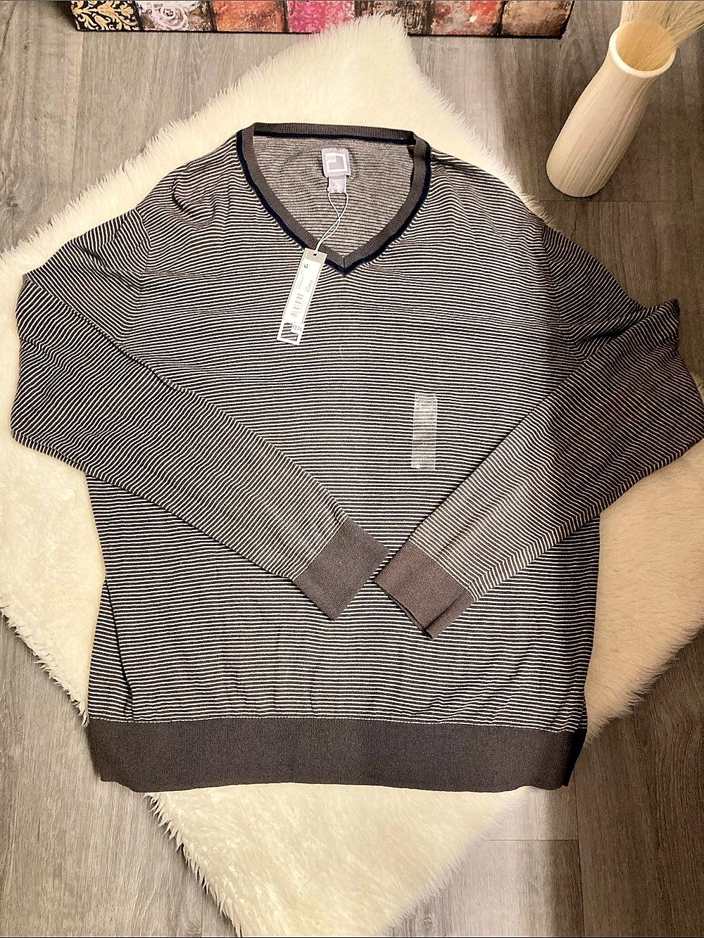 JCPenney Striped Cashmere Blend V-Neck Sweater Men’s Size XL